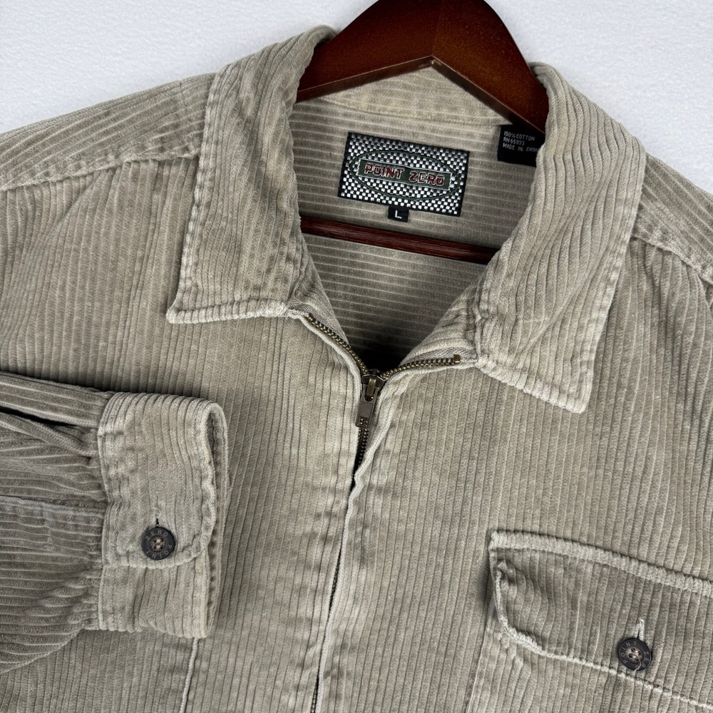 VTG Point Zero Mens L Corduroy Full Zip Shirt Jacket Tan Khaki Cotton 90s Y2K